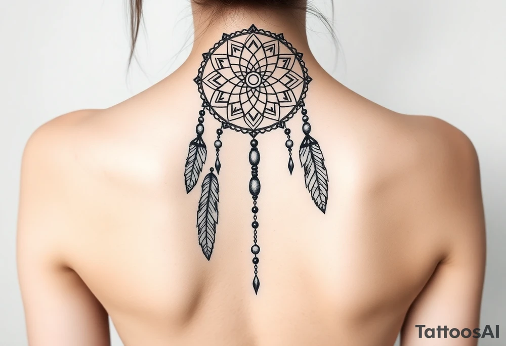 native dreamcatcher with flowing feathers and sacred beads tattoo idea