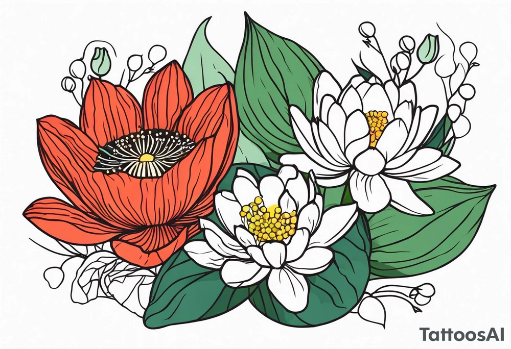 Poppy, water lily, Lily of the valley, flower bouquet, portrait style tattoo idea