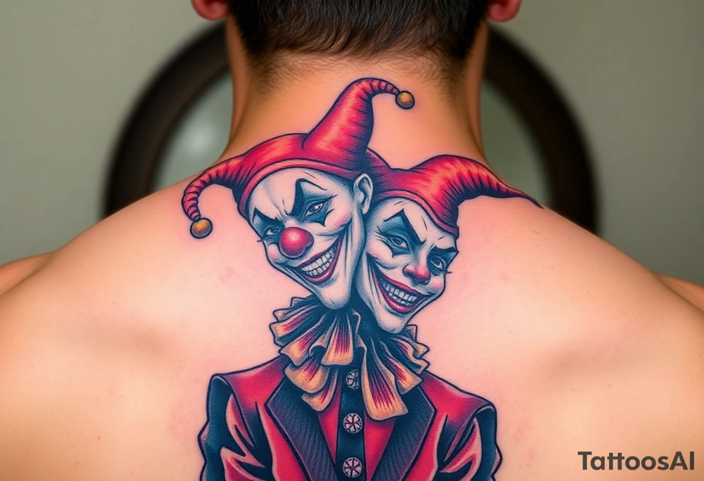 jester clown behind female jester making her smile tattoo idea