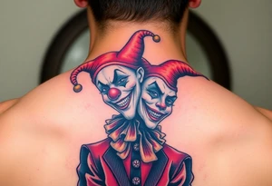 jester clown behind female jester making her smile tattoo idea