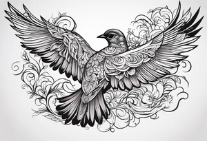 Flying bird on shoulder blade, medium size, with flowing leaves and vines tattoo idea