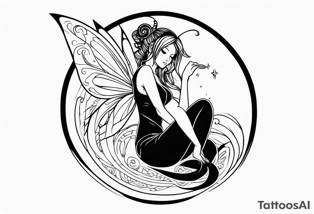 A fairy with a tail inspired by the logo of the show called Fairy Tail in a fetal position leaning in tattoo idea