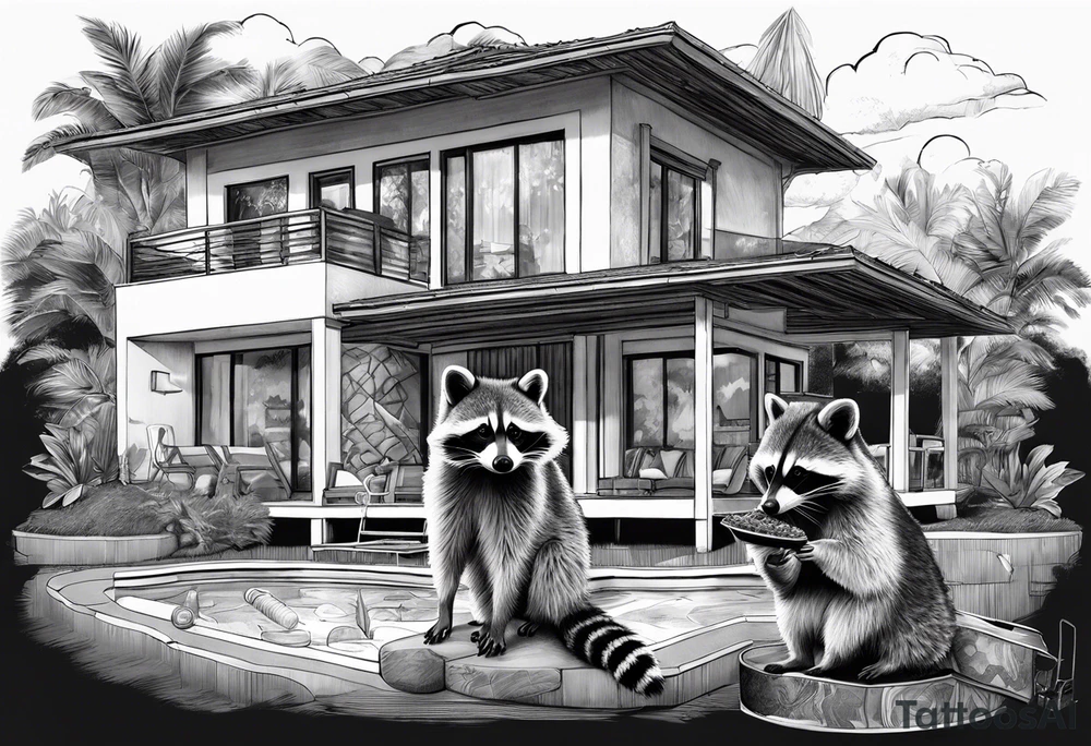 Raccoon Family in Front of her New villa with Pool.
The Husband hast Tools in His Hands.
The wife holds a cake.
The Childs plays with a ball tattoo idea