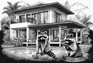 Raccoon Family in Front of her New villa with Pool.
The Husband hast Tools in His Hands.
The wife holds a cake.
The Childs plays with a ball tattoo idea