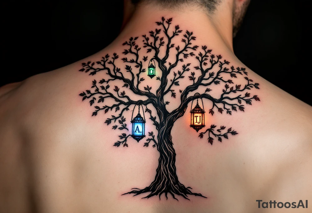 Tree with lanterns hanging from branches, each lantern glowing with initials and birthstones as colors: A.L. – Sapphire Blue, T.J. – Emerald Green, M.E. – Ruby Red. Rich, earthy tones with gemstone accent highlights. tattoo idea