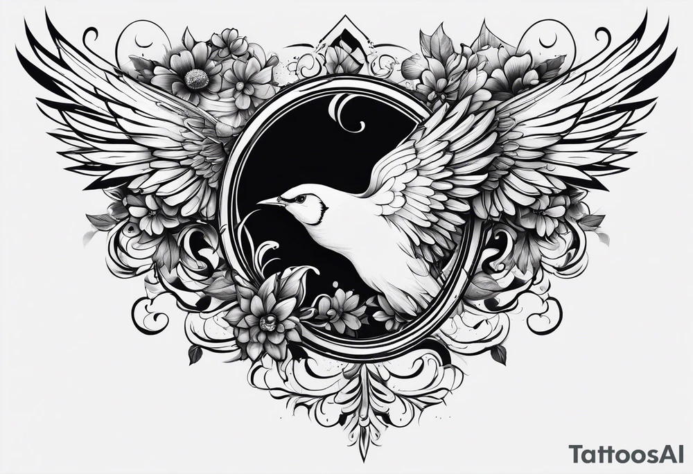 flowers swirls wings tattoo idea