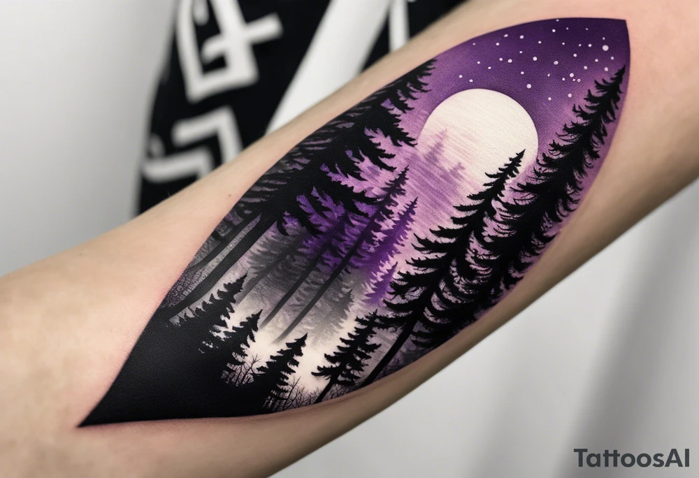 forest, purple and black, on hand, full wrapped, blackwork tattoo idea