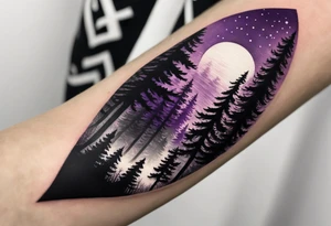 forest, purple and black, on hand, full wrapped, blackwork tattoo idea