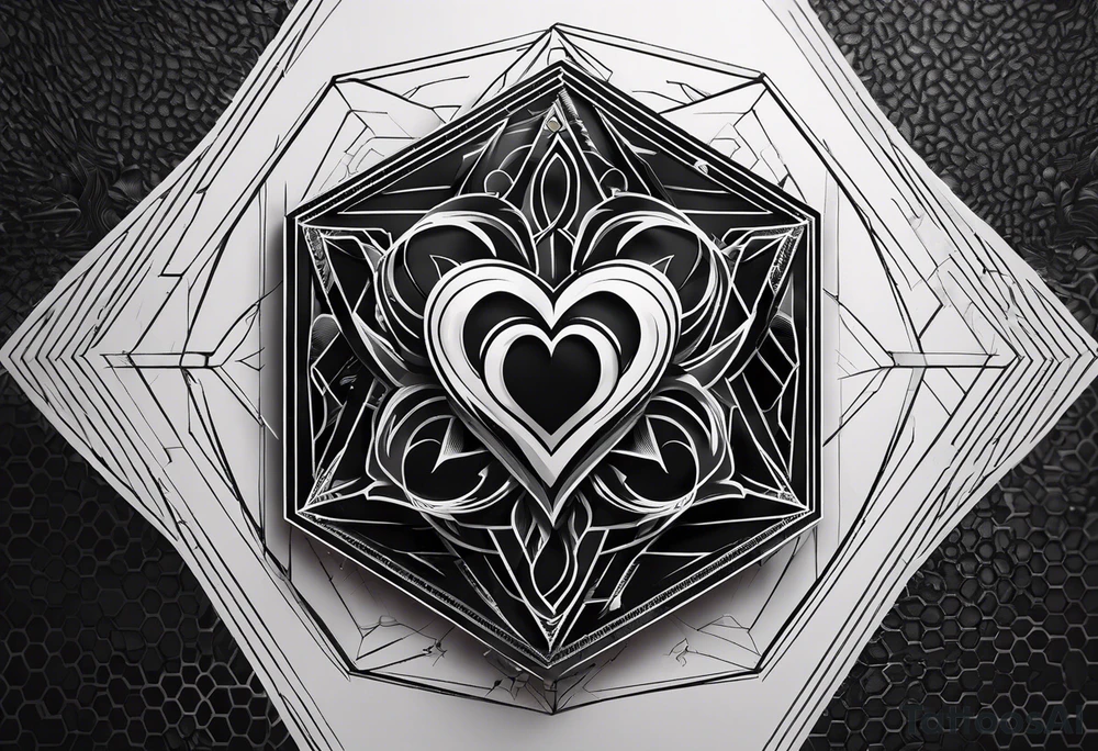 black hexagon heart with black background and god symbol tattoo idea
