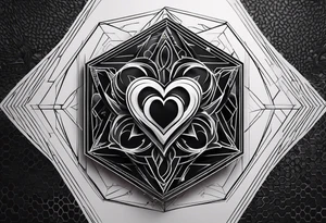 black hexagon heart with black background and god symbol tattoo idea