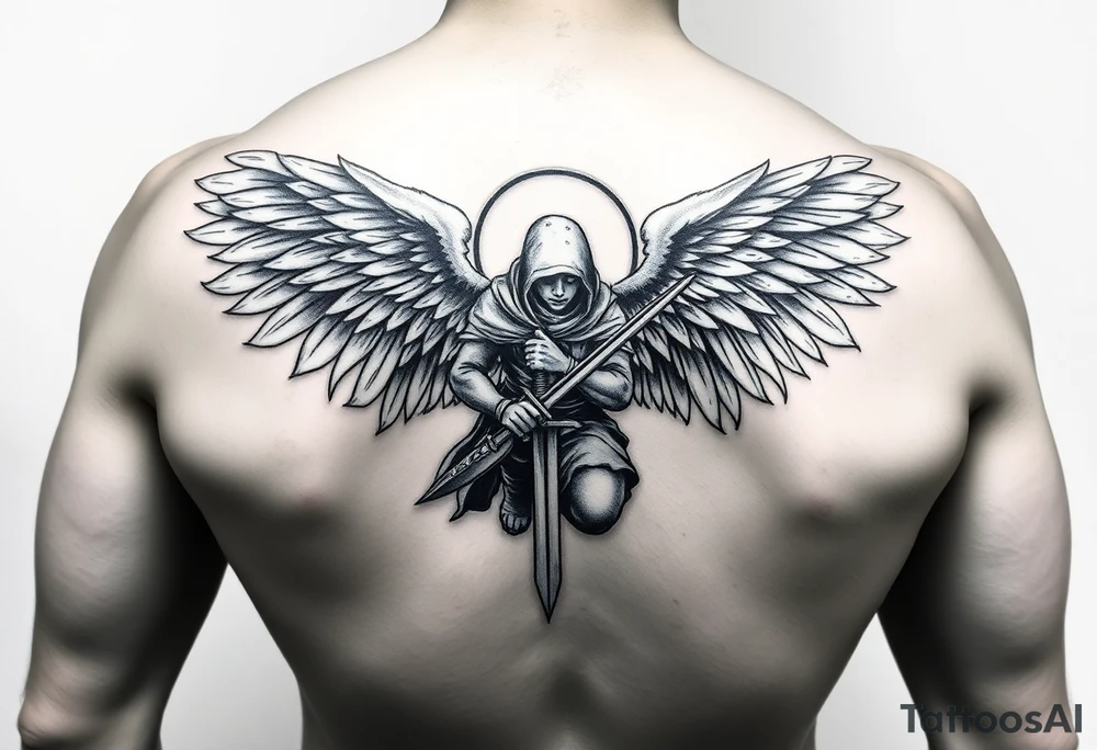 Warrior Angel with long sword  kneeling looking down cloak over head wings
 spread tattoo idea