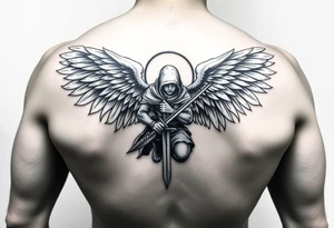 Warrior Angel with long sword  kneeling looking down cloak over head wings
 spread tattoo idea