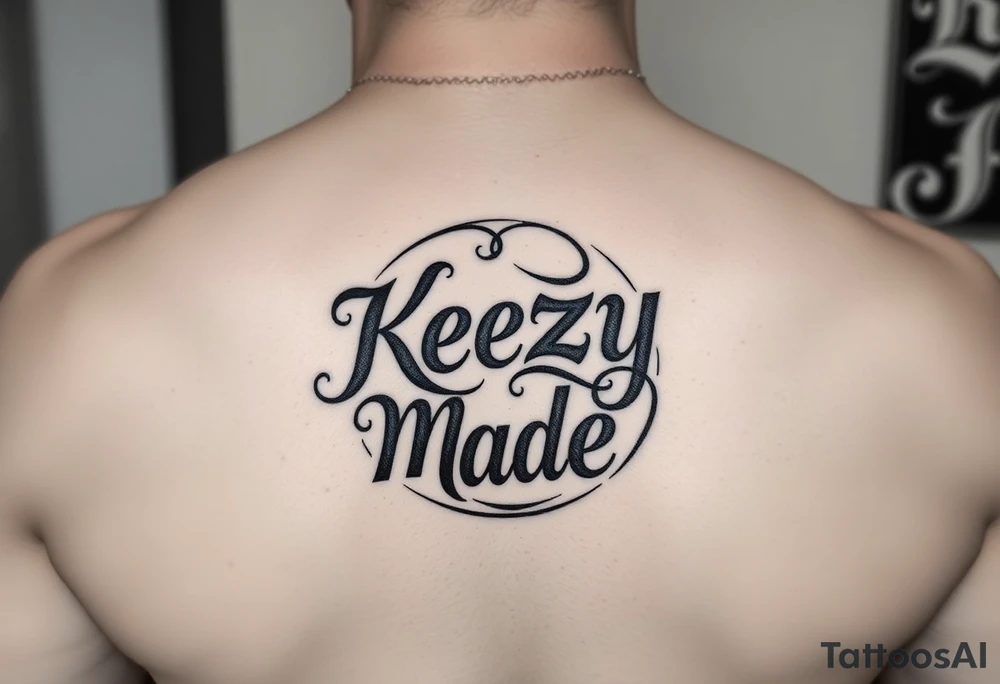 letters only fancy but rugged twisted and intertwined circular arched curvy lettering in a circular  that would be clothing brand style that says (KeezY MadE) almost the the roca wear symbol tattoo idea