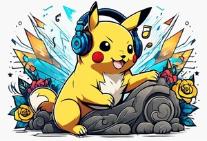 pickachu sitting next to a lion listening to music with music notes and thunder bolts tattoo idea