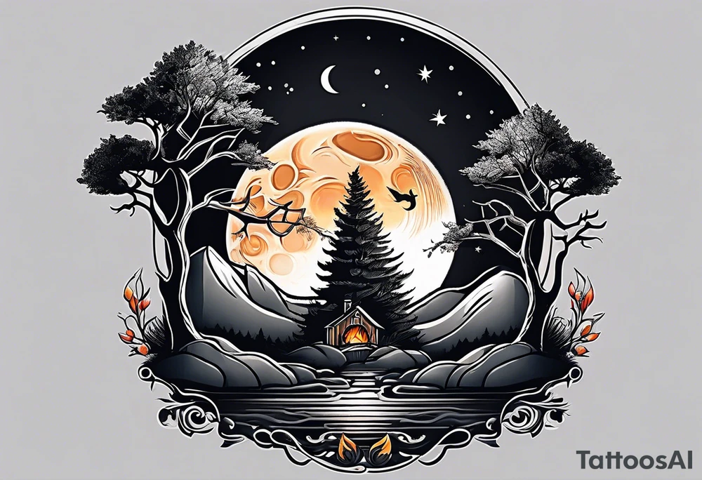 Guitar design moon tree campfire tattoo idea