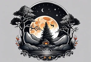 Guitar design moon tree campfire tattoo idea
