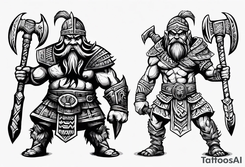 dwarven warrior with a war axe and Aztec warrior fighting against each other tattoo idea