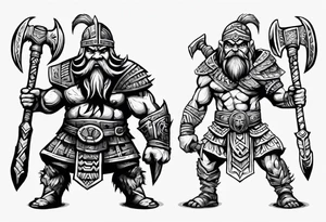 dwarven warrior with a war axe and Aztec warrior fighting against each other tattoo idea