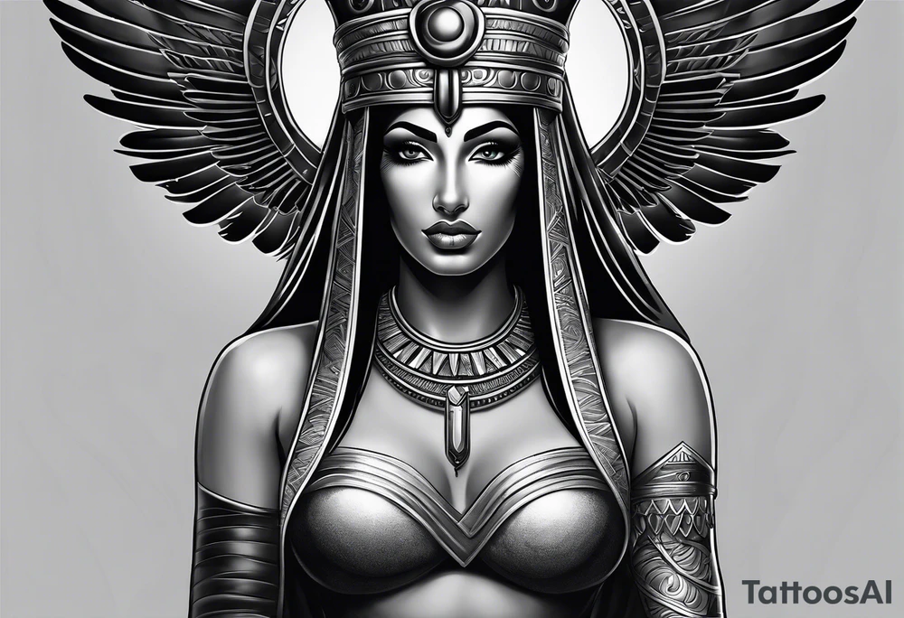 black and gray photo realistic goddess isis with minimal detail tattoo idea