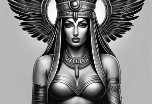 black and gray photo realistic goddess isis with minimal detail tattoo idea