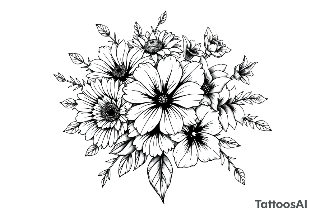 Honeysuckle, marigold, chrysanthemum, and violet bouquet tattoo idea