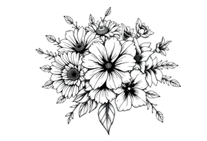 Honeysuckle, marigold, chrysanthemum, and violet bouquet tattoo idea