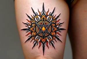 Featuring interlocked black knots and orange rays, this Celtic sun blazes with fierce energy on the upper back. tattoo idea
