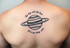 Minimalistic saturn planet, but the text «La deg selv få lovt til å være deg selv» goes around the planet tattoo idea