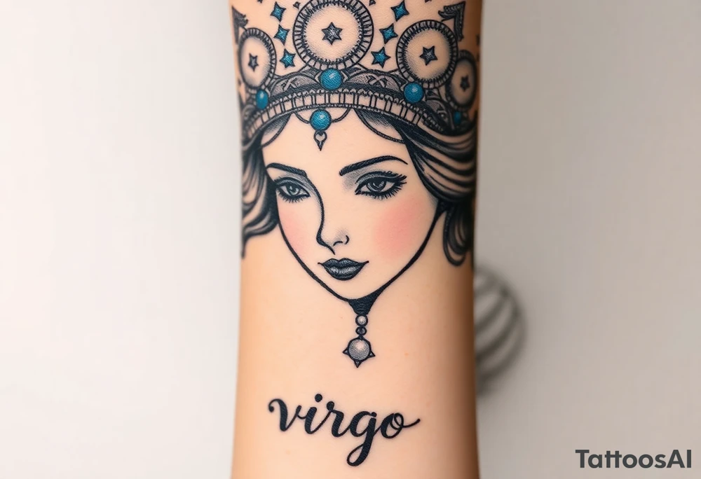 A regal Virgo queen with an intricate celestial headdress, adorned with silver moons, deep blue stars, and delicate pearls and the word virgo tattoo idea