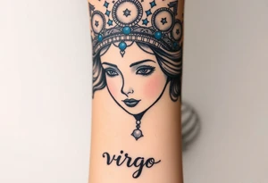 A regal Virgo queen with an intricate celestial headdress, adorned with silver moons, deep blue stars, and delicate pearls and the word virgo tattoo idea