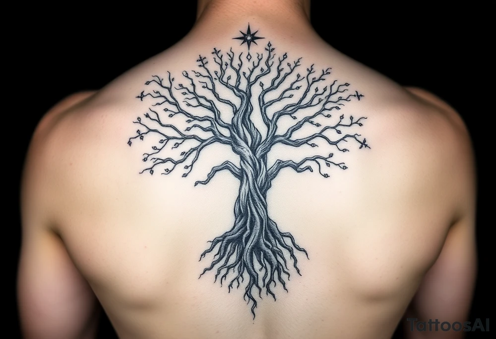 mystical tree of life with cosmic roots and celestial branches tattoo idea
