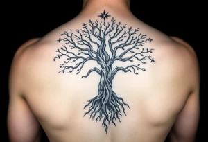 mystical tree of life with cosmic roots and celestial branches tattoo idea