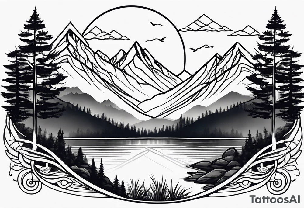 Design a symmetrical tattoo featuring a serene mountain landscape with a winding river and delicate trees, creating a balanced and harmonious composition tattoo idea