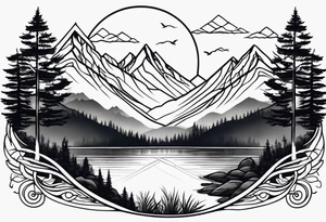 Design a symmetrical tattoo featuring a serene mountain landscape with a winding river and delicate trees, creating a balanced and harmonious composition tattoo idea