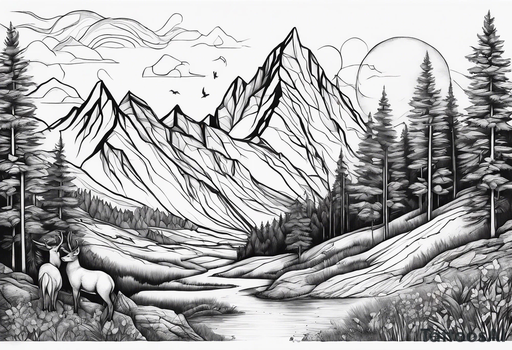 Mountains, animals, concept tattoo idea