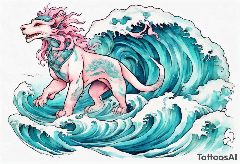 a beautiful turquoise pink and white lady falkor rising from the blue waves of the ocean tattoo idea