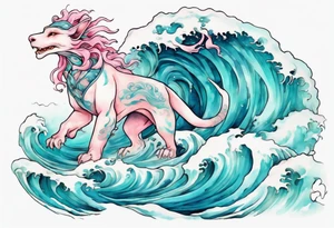 a beautiful turquoise pink and white lady falkor rising from the blue waves of the ocean tattoo idea