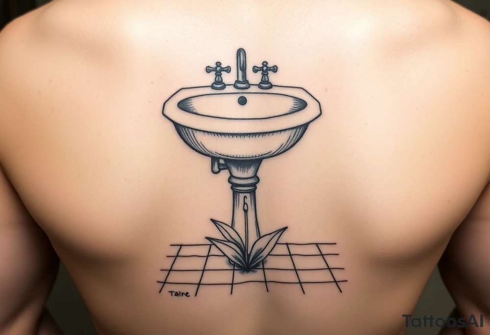 bathroom sink on tile floor with lily coming up out of the floor tattoo idea