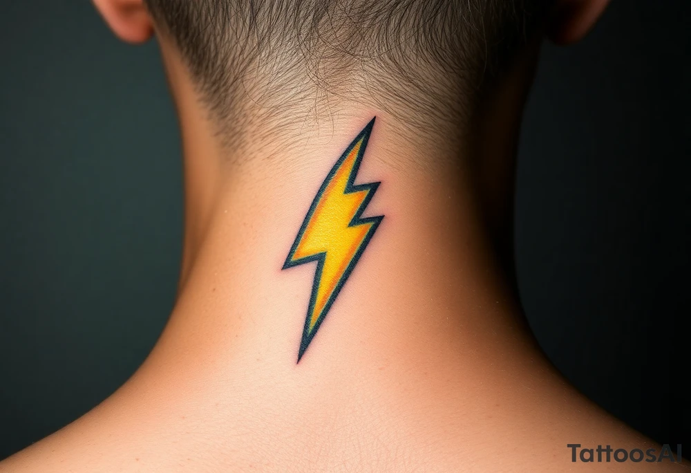 A bold, electrifying lightning bolt tattoo, designed with sharp, angular edges and a dynamic, jagged shape. The bolt glows with an intense yellow core, fading into blue at the edges. tattoo idea