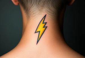 A bold, electrifying lightning bolt tattoo, designed with sharp, angular edges and a dynamic, jagged shape. The bolt glows with an intense yellow core, fading into blue at the edges. tattoo idea