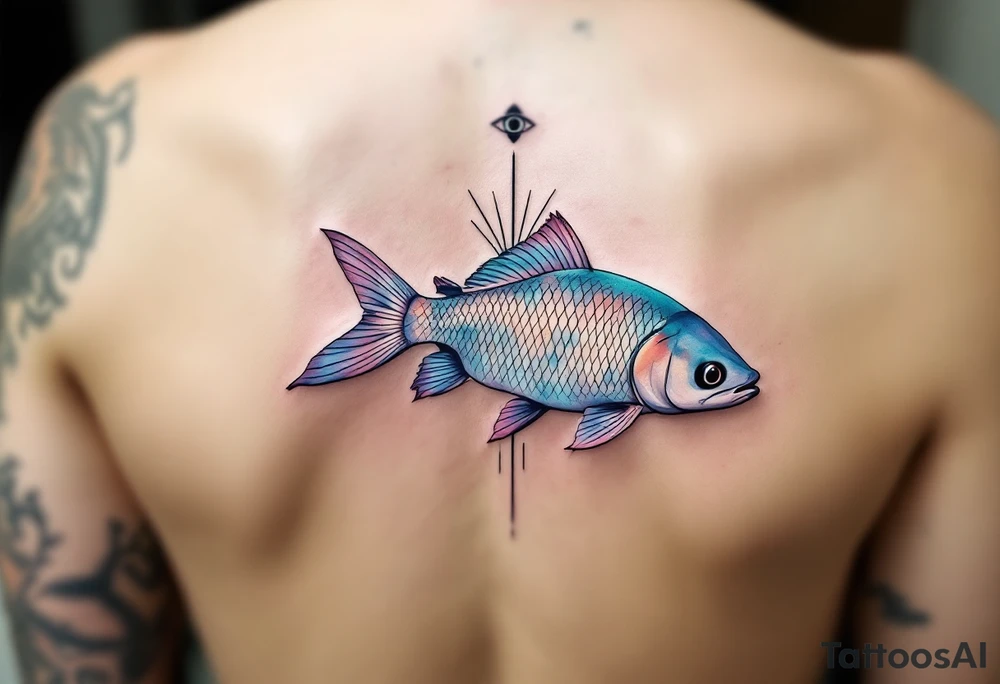 Spiritual River Catfish – A serene catfish with pearl-white and silver scales, its fins fading into soft watercolor washes of aqua and mint, floating beneath a spiritual eye symbol. tattoo idea