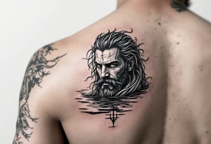 fit poseidon with trident half way in calm water tattoo idea