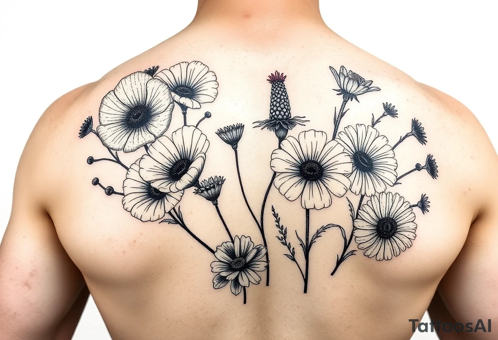 Create an image of an upper arm tattoo (from shoulder cap to just above the elbow) comprised of California poppies, California blackberries, gray’s lupine, marsh marigold, Indian paintbrush, one daisy, and an orange and orange blossom tattoo idea