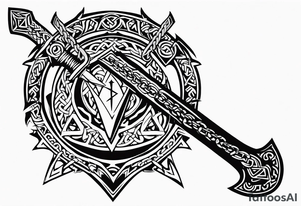 Valhalla sword shield dragon axe Valknut barbed wire chains tribal tattoo idea Valhalla sword shield dragon axe Valknut barbed wire chains tribal tattoo idea