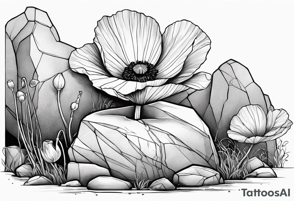 poppy growing out of boulder with roots enveloping rock tattoo idea