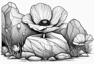 poppy growing out of boulder with roots enveloping rock tattoo idea