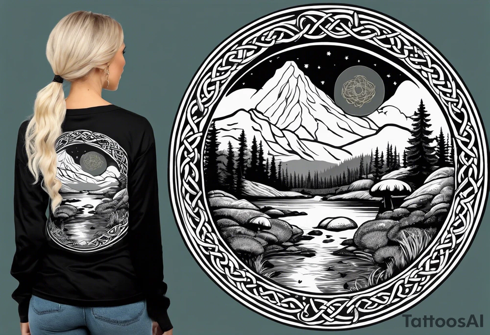 Whole picture encircled fully

Straight long blonde hair hippie girl in distance holding mushrooms in hand facing away toward mountains and creek surrounded by mushrooms long sleeve shirt and hiking pants; whole rendering within a full celtic circle, no cut off circle tattoo idea
