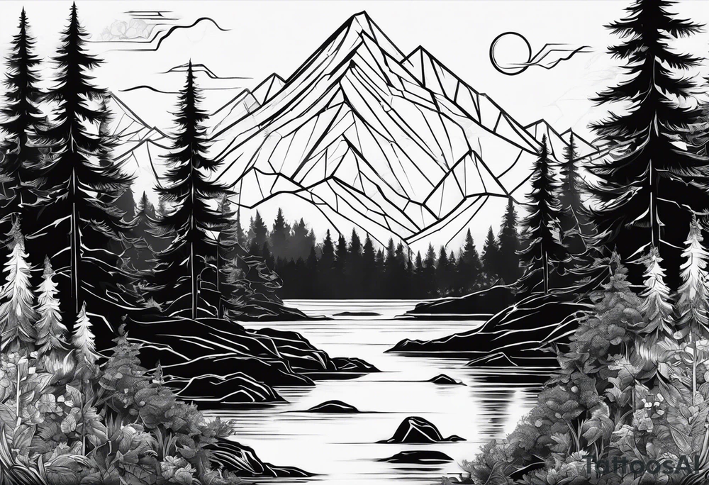 Wald silhouette mit geometrik muster im hintergrund tattoo idea