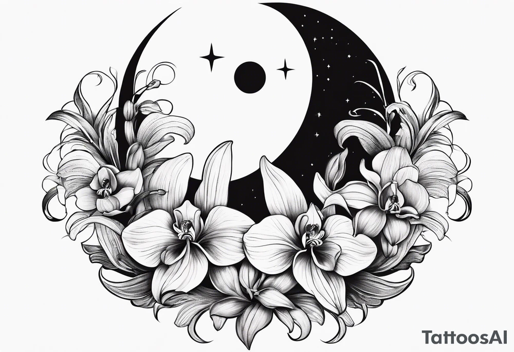 Orchid and crescent moon with Bohemian design tattoo idea