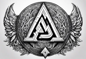 Valhalla sword round shield axe Valknut steps fire chains tattoo idea